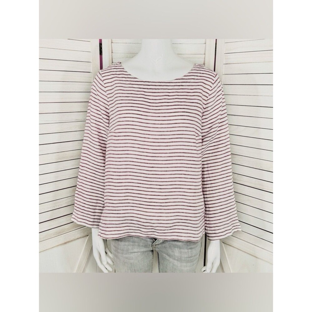Singrid Olsen 100% Linen White and Red Stripe Longsleeve Minimalist Chic Blouse - Picture 2 of 7